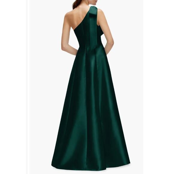Alfred Sung One-Shoulder w/ Bow Gown Dress Evergreen Satin Size 6 R NWT Elegant - Picture 10 of 16